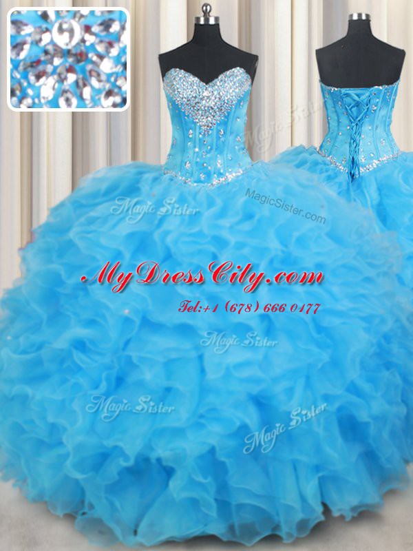 Clearance Ruffled Ball Gowns Ball Gown Prom Dress Baby Blue Sweetheart Organza Sleeveless Floor Length Lace Up