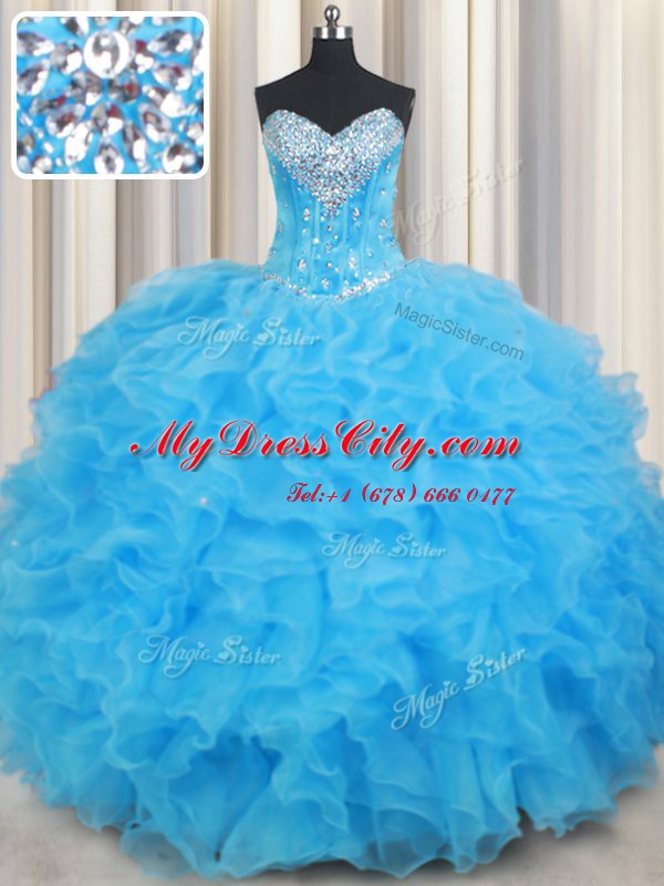 Clearance Ruffled Ball Gowns Ball Gown Prom Dress Baby Blue Sweetheart Organza Sleeveless Floor Length Lace Up