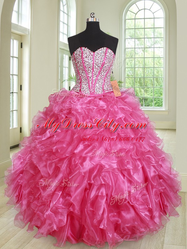 Clearance Hot Pink Sweetheart Lace Up Beading and Ruffles 15 Quinceanera Dress Sleeveless