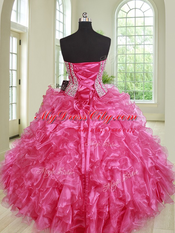 Clearance Hot Pink Sweetheart Lace Up Beading and Ruffles 15 Quinceanera Dress Sleeveless