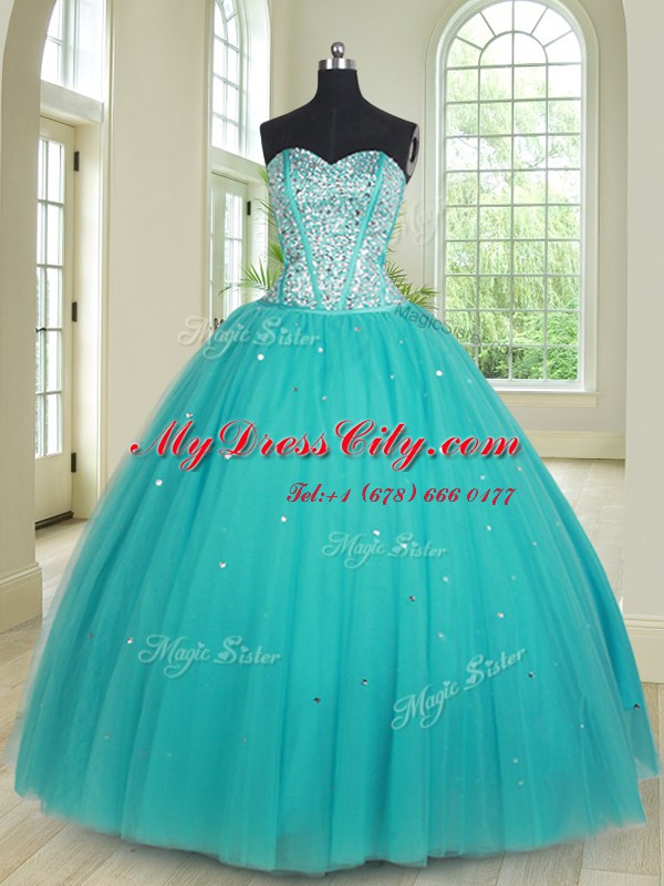 Hot Sale Aqua Blue Ball Gowns Sweetheart Sleeveless Tulle Floor Length Lace Up Beading Quinceanera Gowns