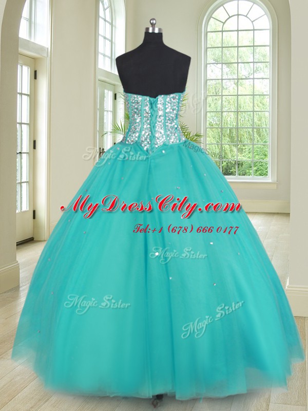 Hot Sale Aqua Blue Ball Gowns Sweetheart Sleeveless Tulle Floor Length Lace Up Beading Quinceanera Gowns