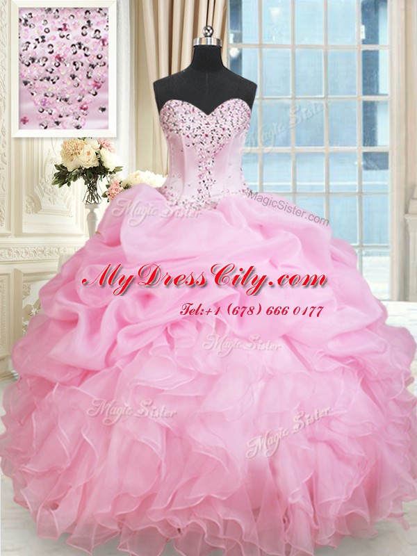 Rose Pink Organza Lace Up Sweetheart Sleeveless Floor Length Ball Gown Prom Dress Beading and Ruffles and Pick Ups