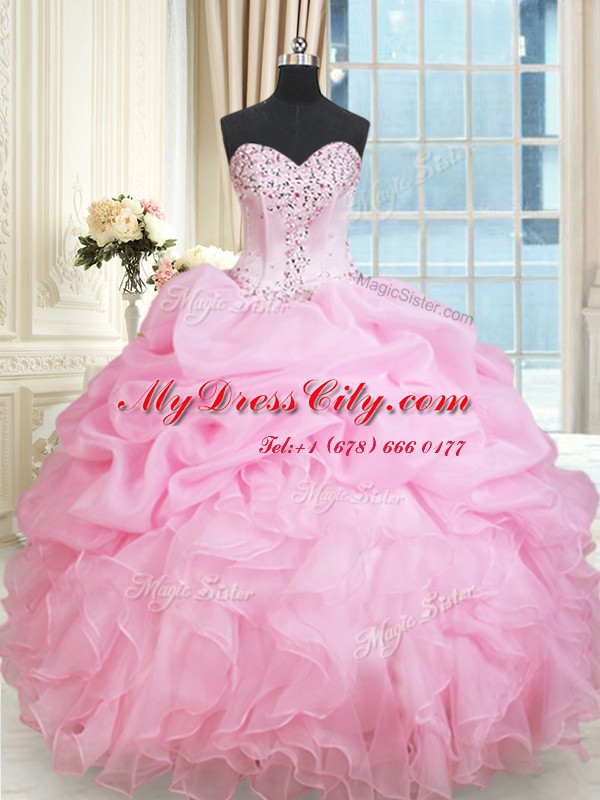 Rose Pink Organza Lace Up Sweetheart Sleeveless Floor Length Ball Gown Prom Dress Beading and Ruffles and Pick Ups