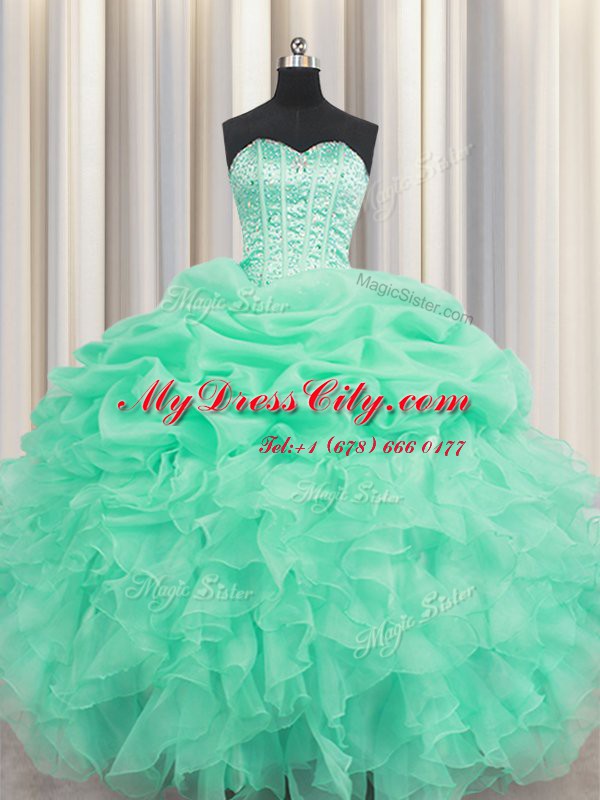 Hot Sale Apple Green Ball Gowns Beading and Ruffles and Pick Ups 15 Quinceanera Dress Lace Up Organza Sleeveless Floor Length