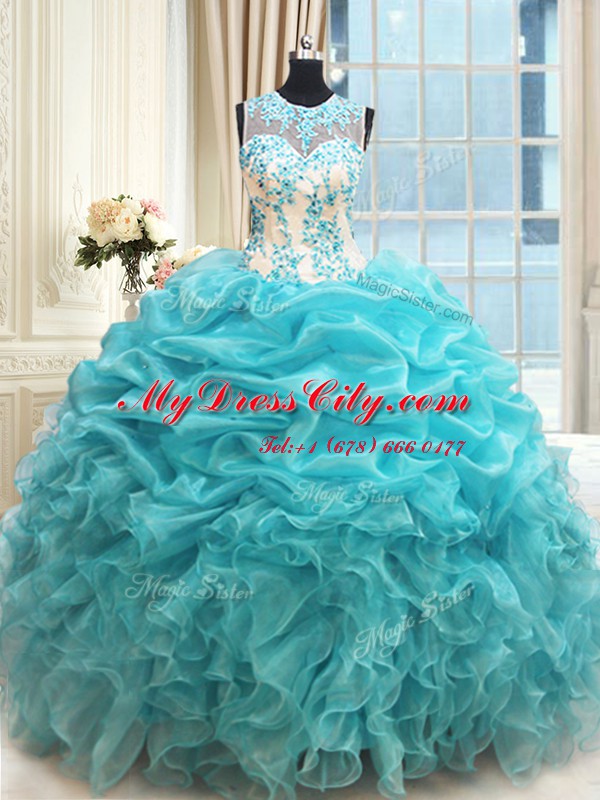 Fabulous Scoop Aqua Blue Organza Zipper 15th Birthday Dress Sleeveless Floor Length Appliques and Ruffles and Pick Ups