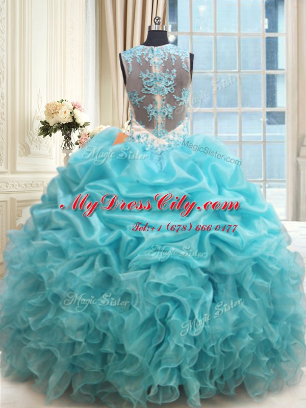 Fabulous Scoop Aqua Blue Organza Zipper 15th Birthday Dress Sleeveless Floor Length Appliques and Ruffles and Pick Ups