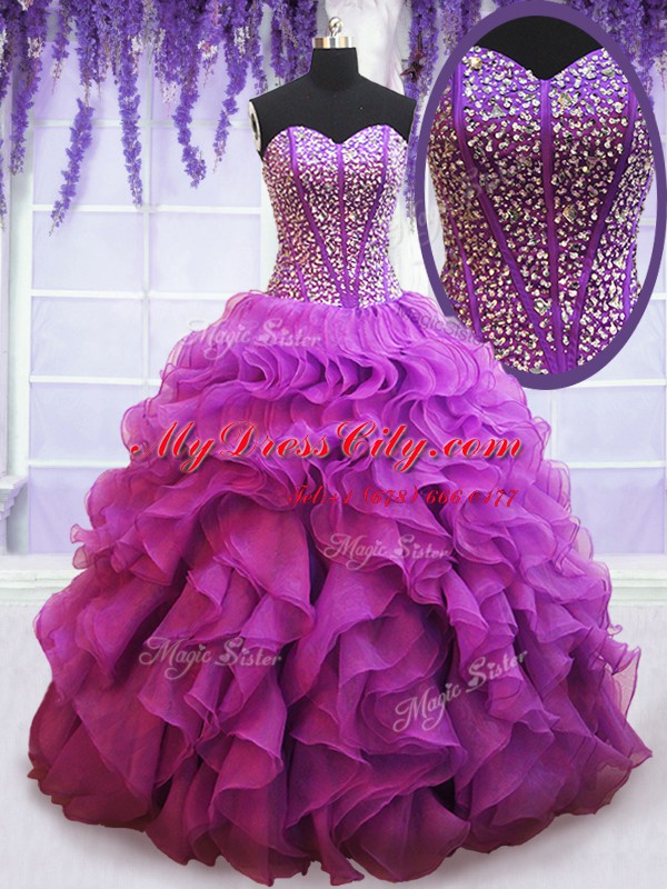 Eggplant Purple Sleeveless Floor Length Beading and Ruffles Lace Up Quinceanera Dresses