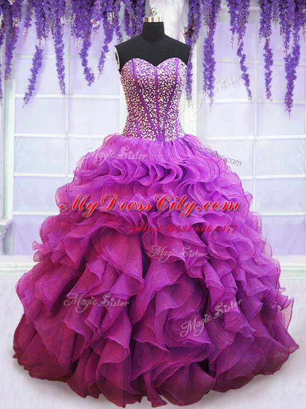 Eggplant Purple Sleeveless Floor Length Beading and Ruffles Lace Up Quinceanera Dresses