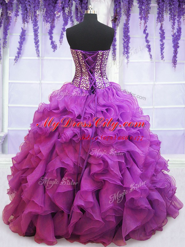 Eggplant Purple Sleeveless Floor Length Beading and Ruffles Lace Up Quinceanera Dresses