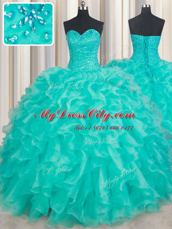 Excellent Sweetheart Sleeveless Sweet 16 Dresses Floor Length Beading and Ruffles Turquoise Organza