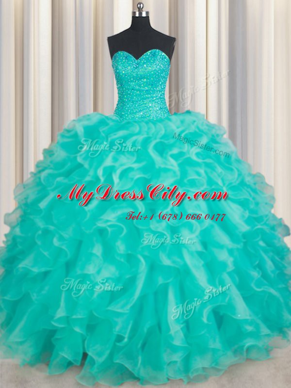 Excellent Sweetheart Sleeveless Sweet 16 Dresses Floor Length Beading and Ruffles Turquoise Organza