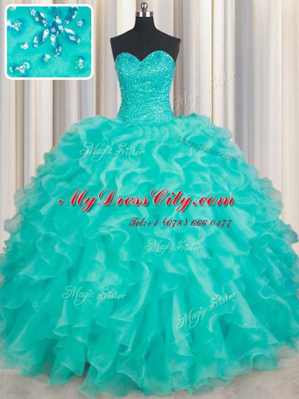 Excellent Sweetheart Sleeveless Sweet 16 Dresses Floor Length Beading and Ruffles Turquoise Organza