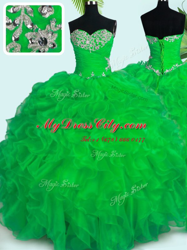 High Class Sleeveless Floor Length Beading and Ruffles Lace Up Sweet 16 Dresses with Green