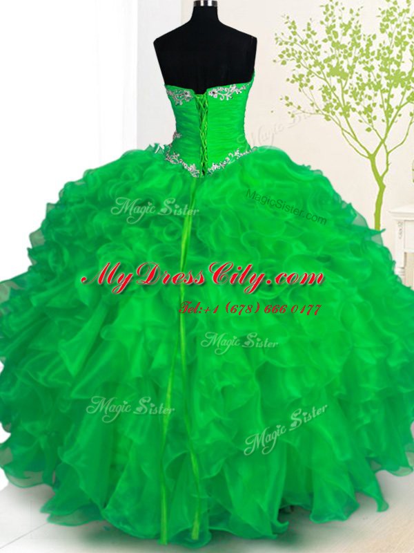 High Class Sleeveless Floor Length Beading and Ruffles Lace Up Sweet 16 Dresses with Green