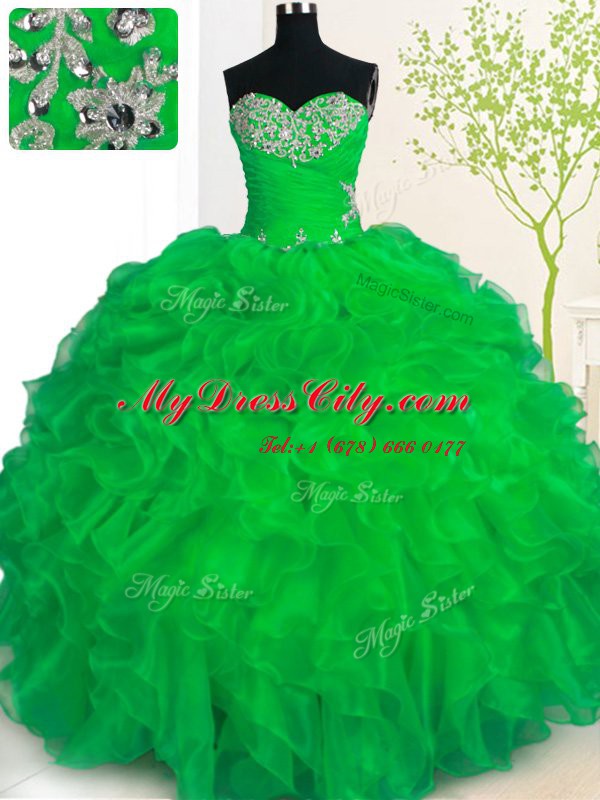 High Class Sleeveless Floor Length Beading and Ruffles Lace Up Sweet 16 Dresses with Green