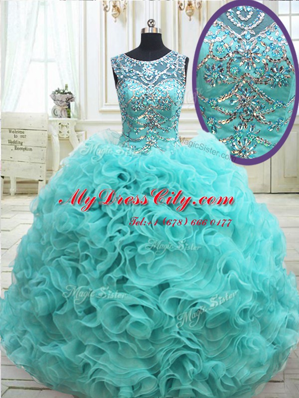 Scoop See Through Aqua Blue Sleeveless Fabric With Rolling Flowers Lace Up Ball Gown Prom Dress for Military Ball and Sweet 16 and Quinceanera