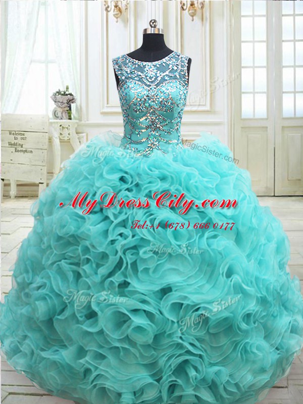 Scoop See Through Aqua Blue Sleeveless Fabric With Rolling Flowers Lace Up Ball Gown Prom Dress for Military Ball and Sweet 16 and Quinceanera