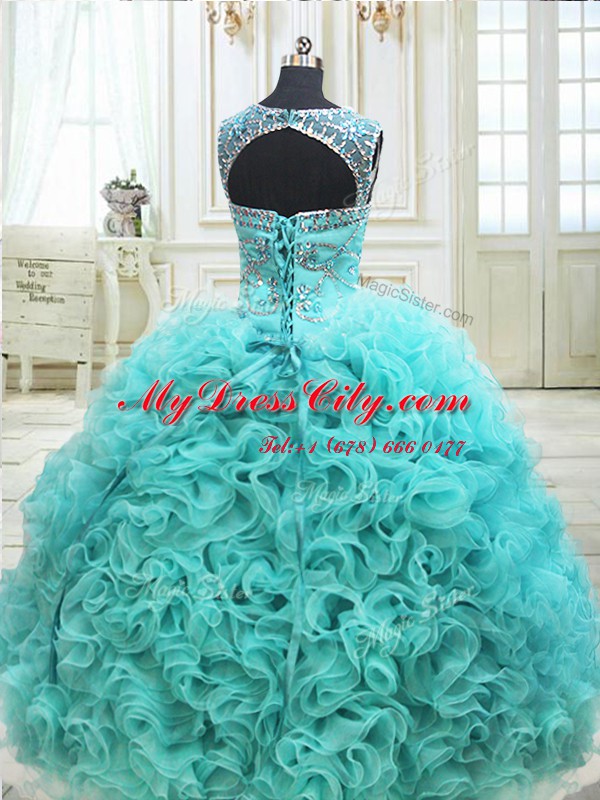 Scoop See Through Aqua Blue Sleeveless Fabric With Rolling Flowers Lace Up Ball Gown Prom Dress for Military Ball and Sweet 16 and Quinceanera