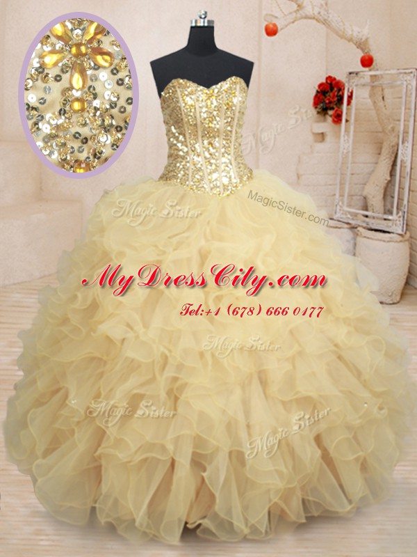 Organza Sweetheart Sleeveless Lace Up Beading and Ruffles and Sequins Quinceanera Gown in Champagne