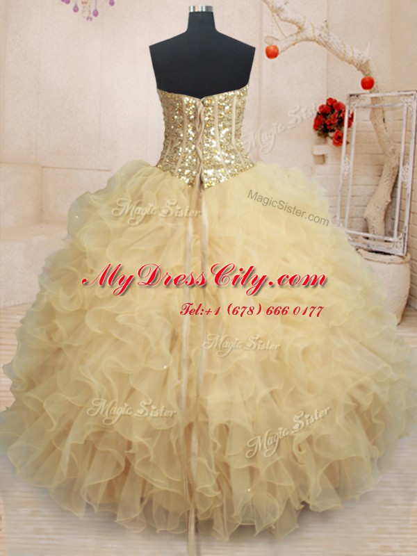 Organza Sweetheart Sleeveless Lace Up Beading and Ruffles and Sequins Quinceanera Gown in Champagne