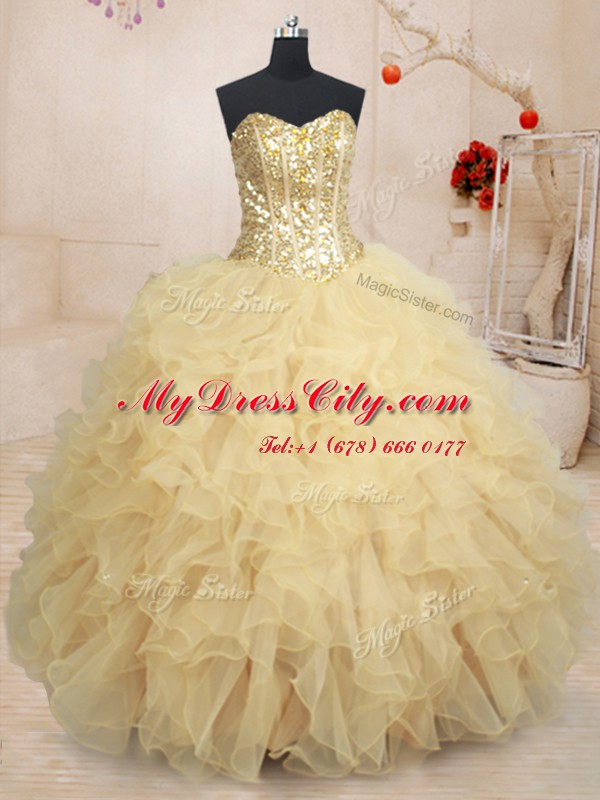 Organza Sweetheart Sleeveless Lace Up Beading and Ruffles and Sequins Quinceanera Gown in Champagne