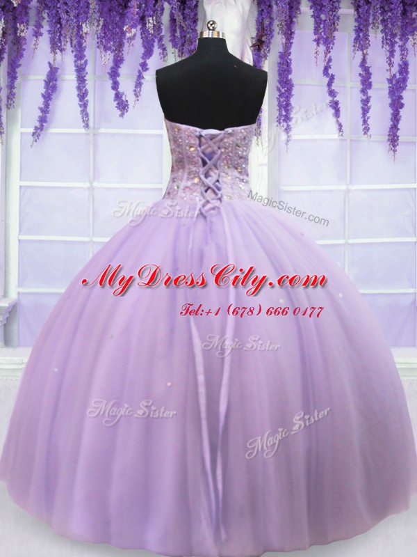 Lavender Ball Gowns Sweetheart Sleeveless Organza Floor Length Lace Up Beading Quinceanera Dresses