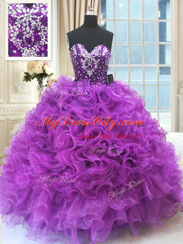 Sweet Beading and Ruffles Sweet 16 Dresses Eggplant Purple Lace Up Sleeveless Floor Length