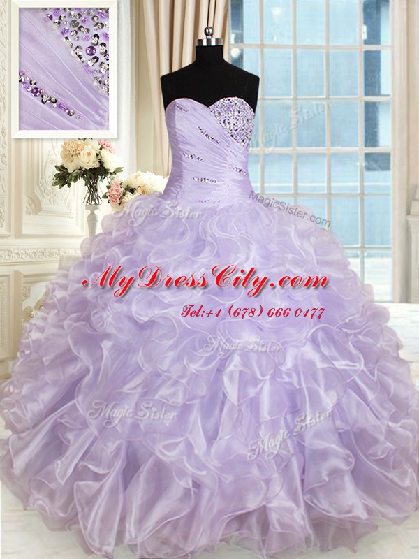 High Quality Lavender Ball Gowns Organza Sweetheart Sleeveless Beading and Ruffles Floor Length Lace Up Vestidos de Quinceanera