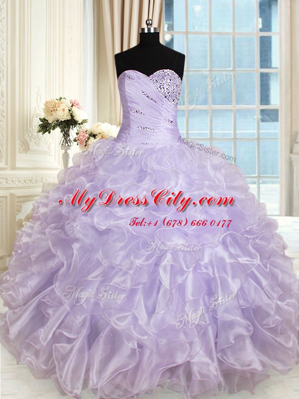 High Quality Lavender Ball Gowns Organza Sweetheart Sleeveless Beading and Ruffles Floor Length Lace Up Vestidos de Quinceanera