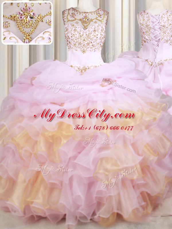 Lovely Pick Ups With Train Pink Quinceanera Dresses Scoop Sleeveless Court Train Lace Up