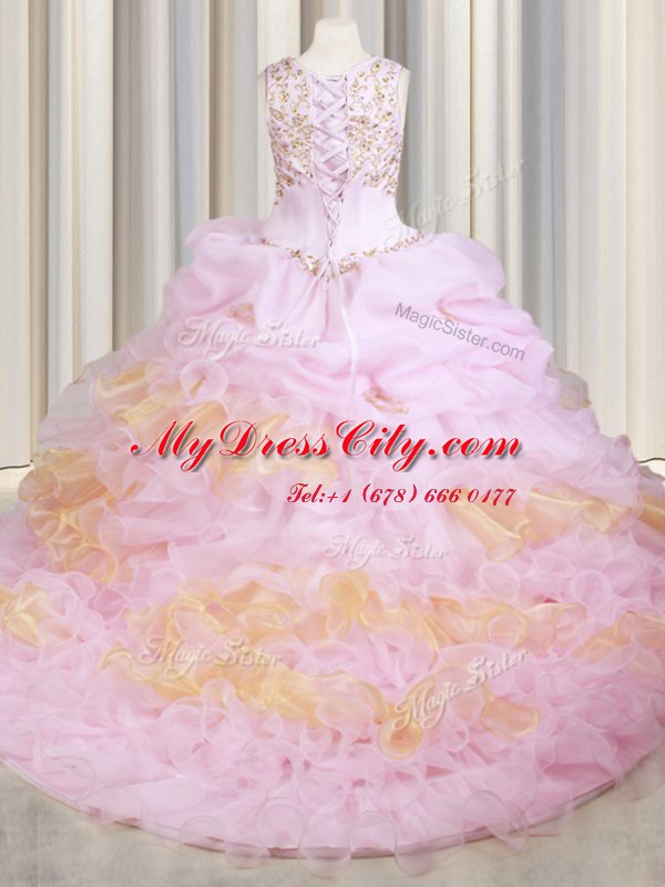 Lovely Pick Ups With Train Pink Quinceanera Dresses Scoop Sleeveless Court Train Lace Up