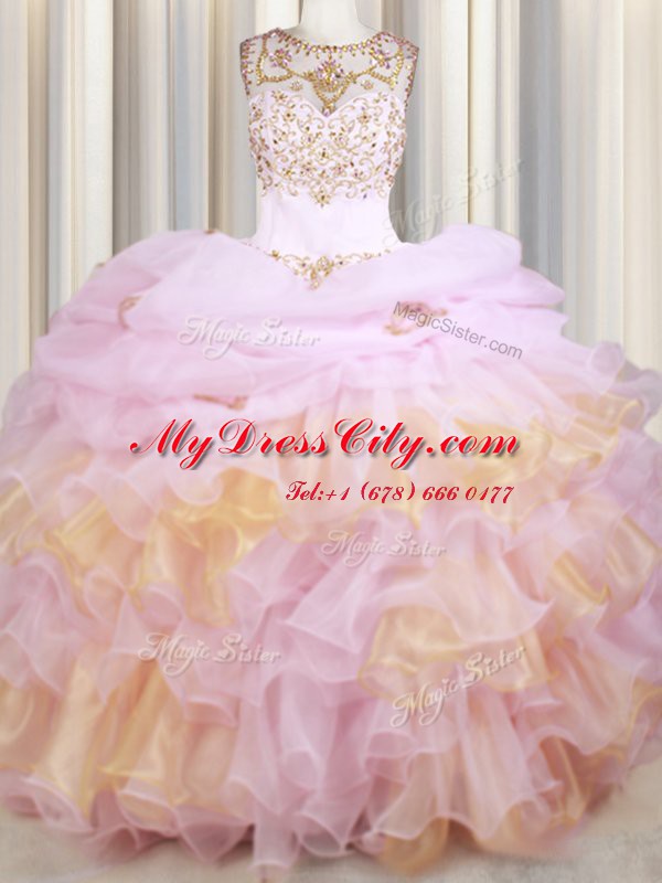 Lovely Pick Ups With Train Pink Quinceanera Dresses Scoop Sleeveless Court Train Lace Up