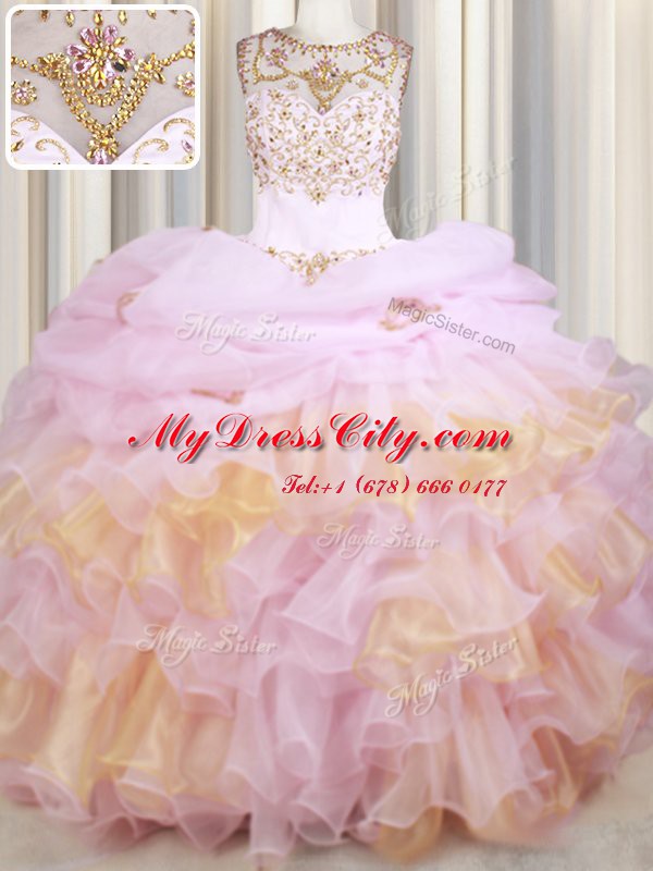 Lovely Pick Ups With Train Pink Quinceanera Dresses Scoop Sleeveless Court Train Lace Up