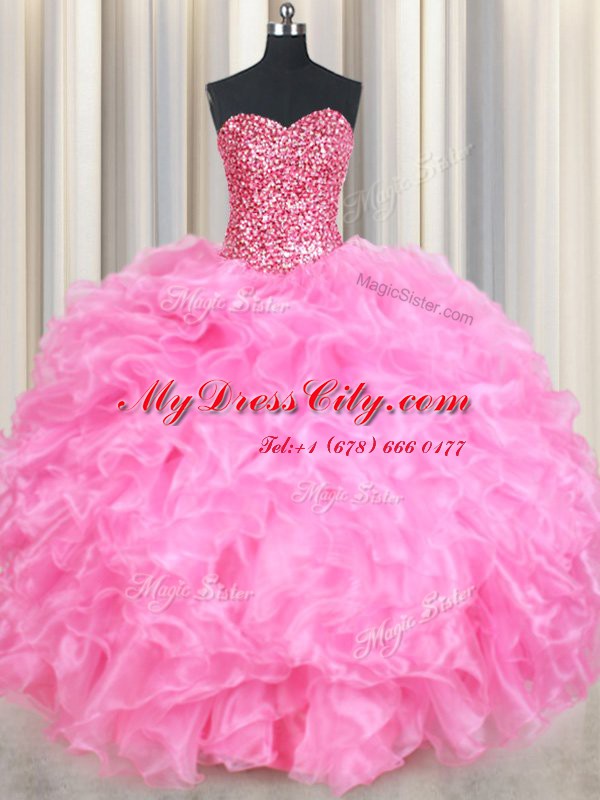 Beading and Ruffles and Sequins 15th Birthday Dress Rose Pink Lace Up Sleeveless Floor Length