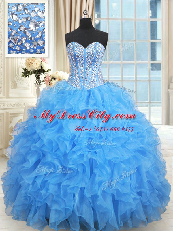 Exquisite Ruffled Floor Length Baby Blue Quinceanera Gowns Sweetheart Sleeveless Lace Up