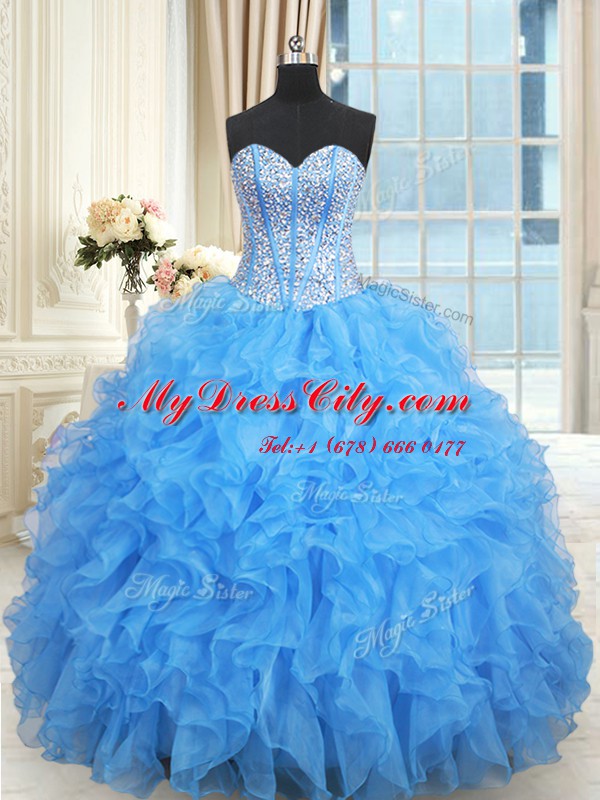 Exquisite Ruffled Floor Length Baby Blue Quinceanera Gowns Sweetheart Sleeveless Lace Up