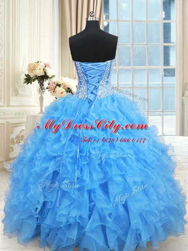 Exquisite Ruffled Floor Length Baby Blue Quinceanera Gowns Sweetheart Sleeveless Lace Up