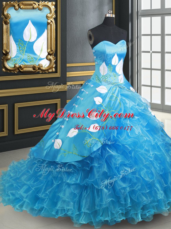 Excellent Organza and Taffeta Sweetheart Sleeveless Brush Train Lace Up Embroidery and Ruffled Layers Quinceanera Dresses in Baby Blue