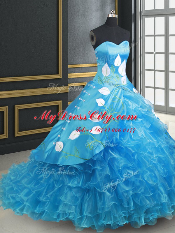 Excellent Organza and Taffeta Sweetheart Sleeveless Brush Train Lace Up Embroidery and Ruffled Layers Quinceanera Dresses in Baby Blue