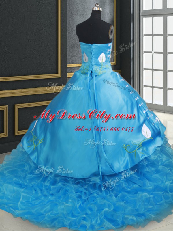 Excellent Organza and Taffeta Sweetheart Sleeveless Brush Train Lace Up Embroidery and Ruffled Layers Quinceanera Dresses in Baby Blue