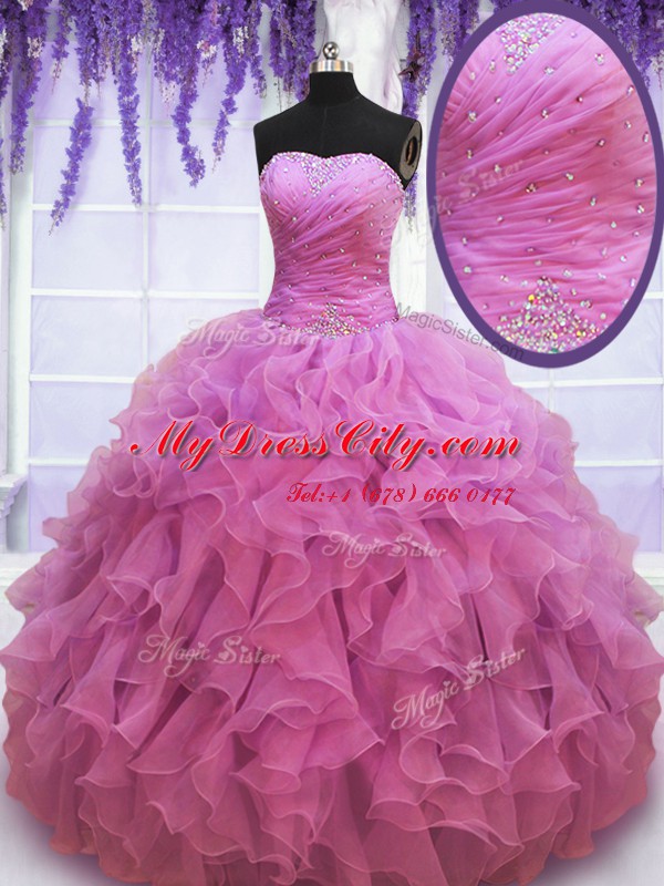 Lilac Sleeveless Organza Lace Up Quinceanera Gown for Military Ball and Sweet 16 and Quinceanera