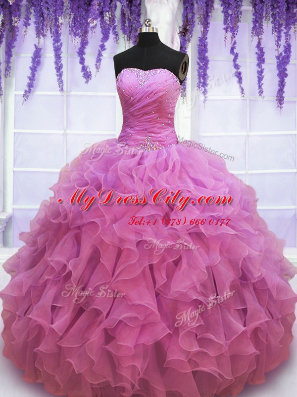 Lilac Sleeveless Organza Lace Up Quinceanera Gown for Military Ball and Sweet 16 and Quinceanera