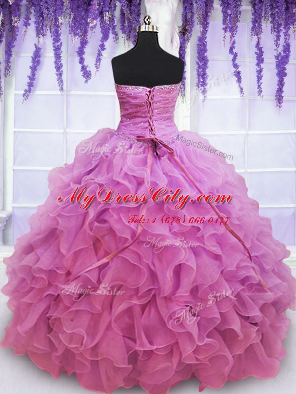 Lilac Sleeveless Organza Lace Up Quinceanera Gown for Military Ball and Sweet 16 and Quinceanera