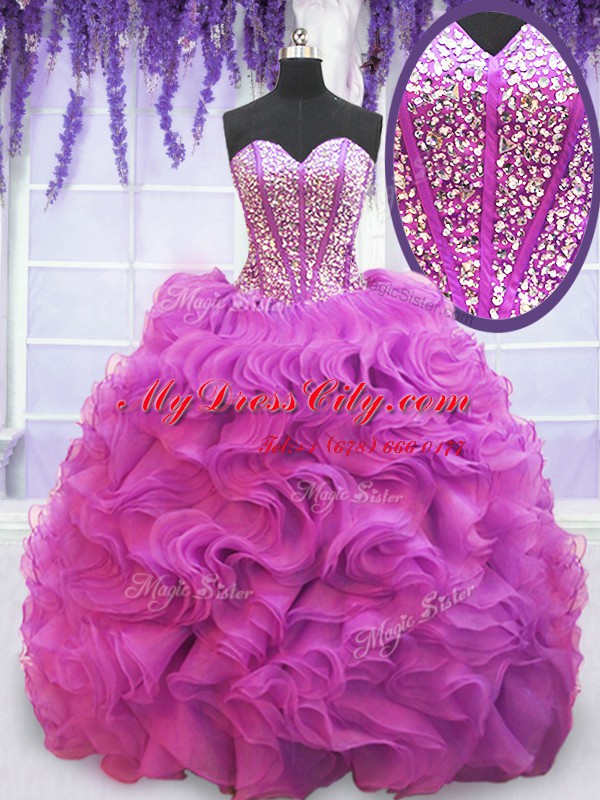 Sleeveless Organza Brush Train Lace Up 15th Birthday Dress in Purple with Beading and Ruffles