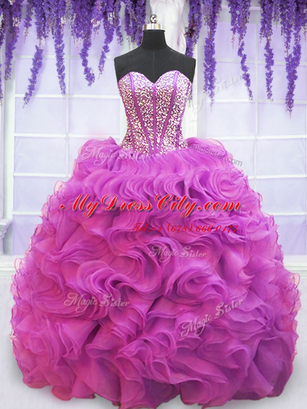 Sleeveless Organza Brush Train Lace Up 15th Birthday Dress in Purple with Beading and Ruffles