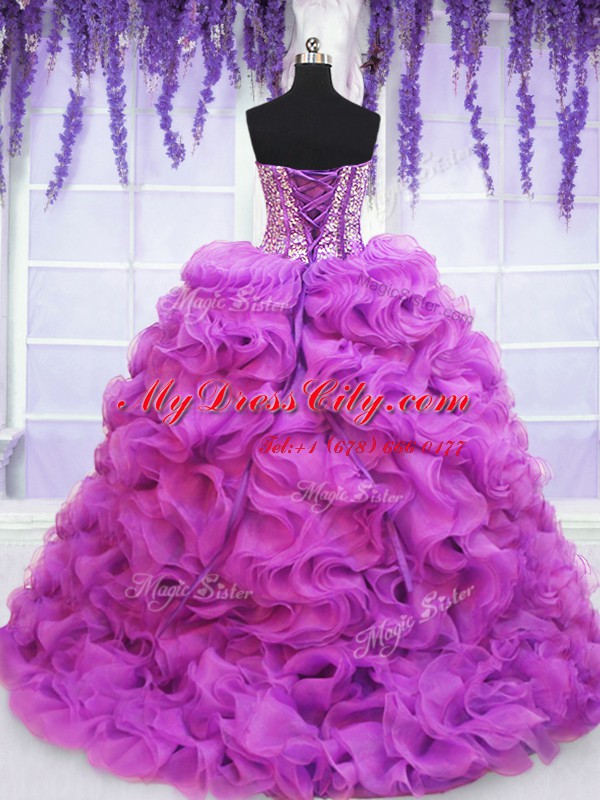 Sleeveless Organza Brush Train Lace Up 15th Birthday Dress in Purple with Beading and Ruffles