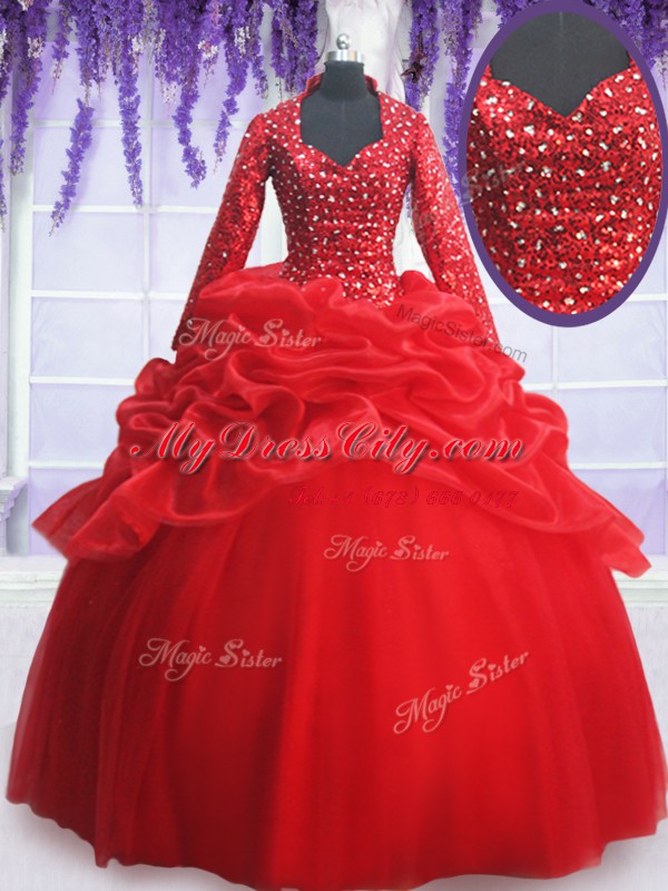 Dynamic Red Ball Gowns Sweetheart Long Sleeves Organza and Tulle Floor Length Zipper Beading and Sequins and Pick Ups 15th Birthday Dress