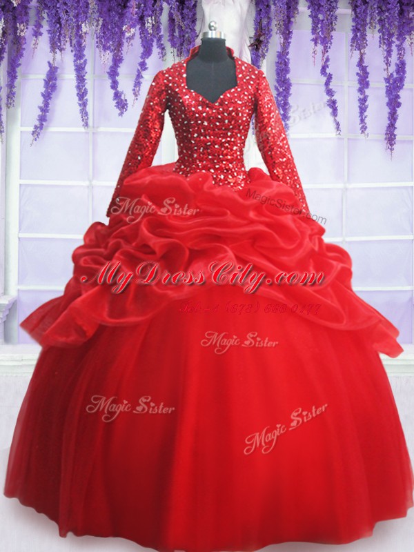 Dynamic Red Ball Gowns Sweetheart Long Sleeves Organza and Tulle Floor Length Zipper Beading and Sequins and Pick Ups 15th Birthday Dress