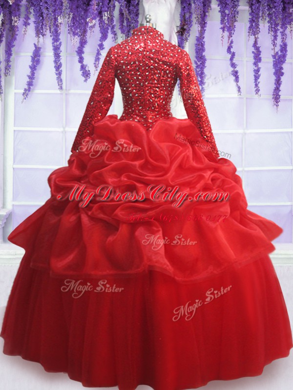 Dynamic Red Ball Gowns Sweetheart Long Sleeves Organza and Tulle Floor Length Zipper Beading and Sequins and Pick Ups 15th Birthday Dress